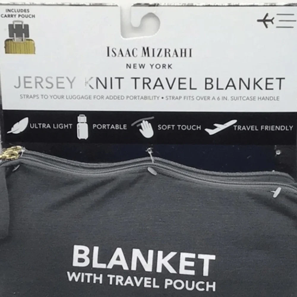 Isaac Mizrahi Travelers 2 Piece Set Knit Blanket + Bag Gray Tan Black Modern NEW